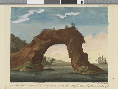 Uitzicht op een gebogen rots, illustratie uit Een reisverslag naar de Zuidzeeën: in Zijne Majesteits schip, de Endeavour, 1794 door Sydney